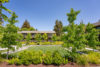 Lush green shrubs and leafy trees around a grassy lawn.