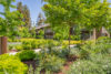 Green shrubs and trees with 2 story apartment buildings in background.