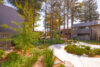 shrubs trees and landscaped walkways.